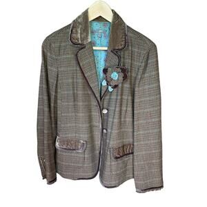 J. JILL brown tweed blazer jacket size 6 women's turquoise lining EUC